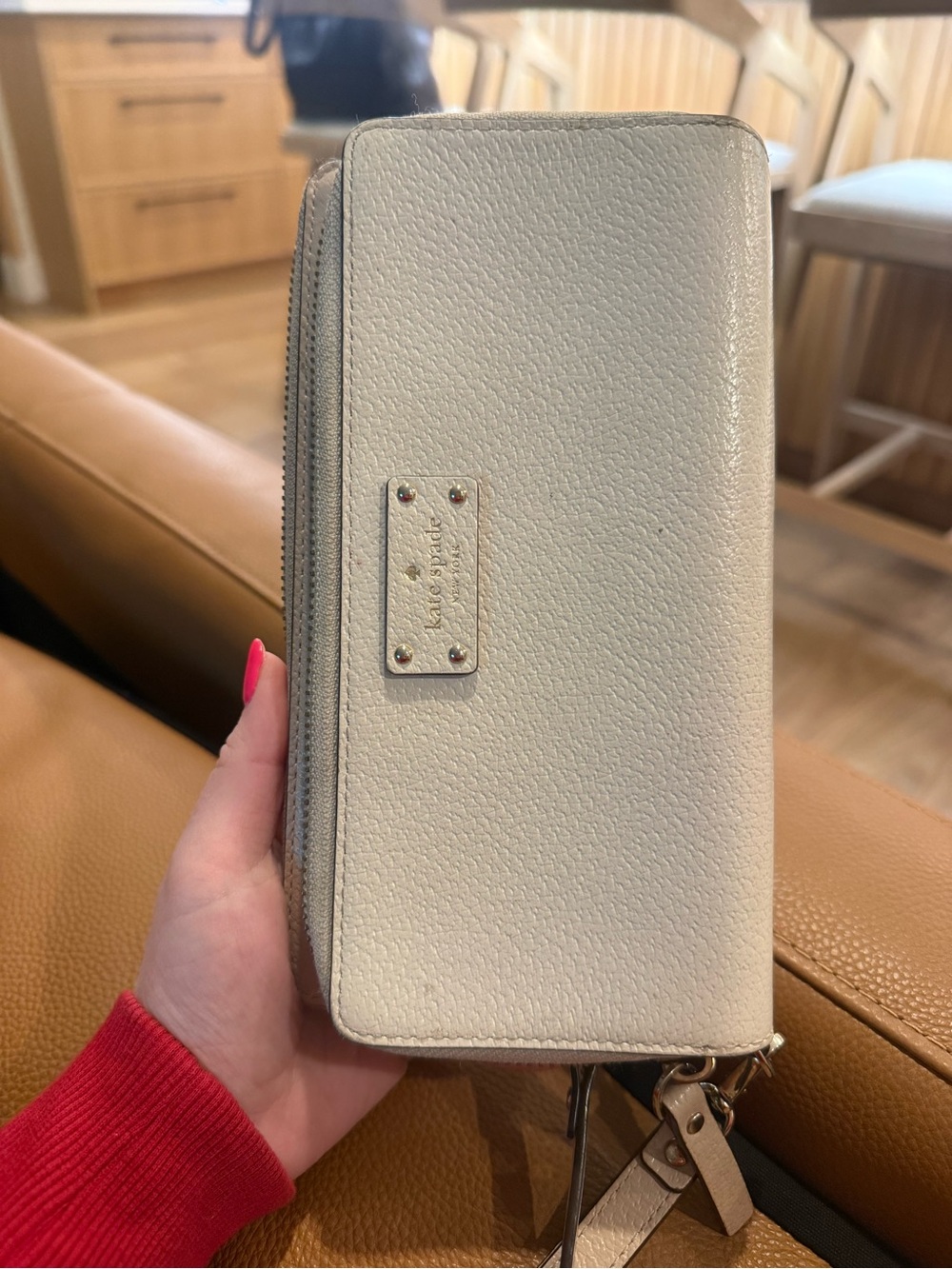 kate spade Pebble Leather Wristlet Wallet in Light Cream